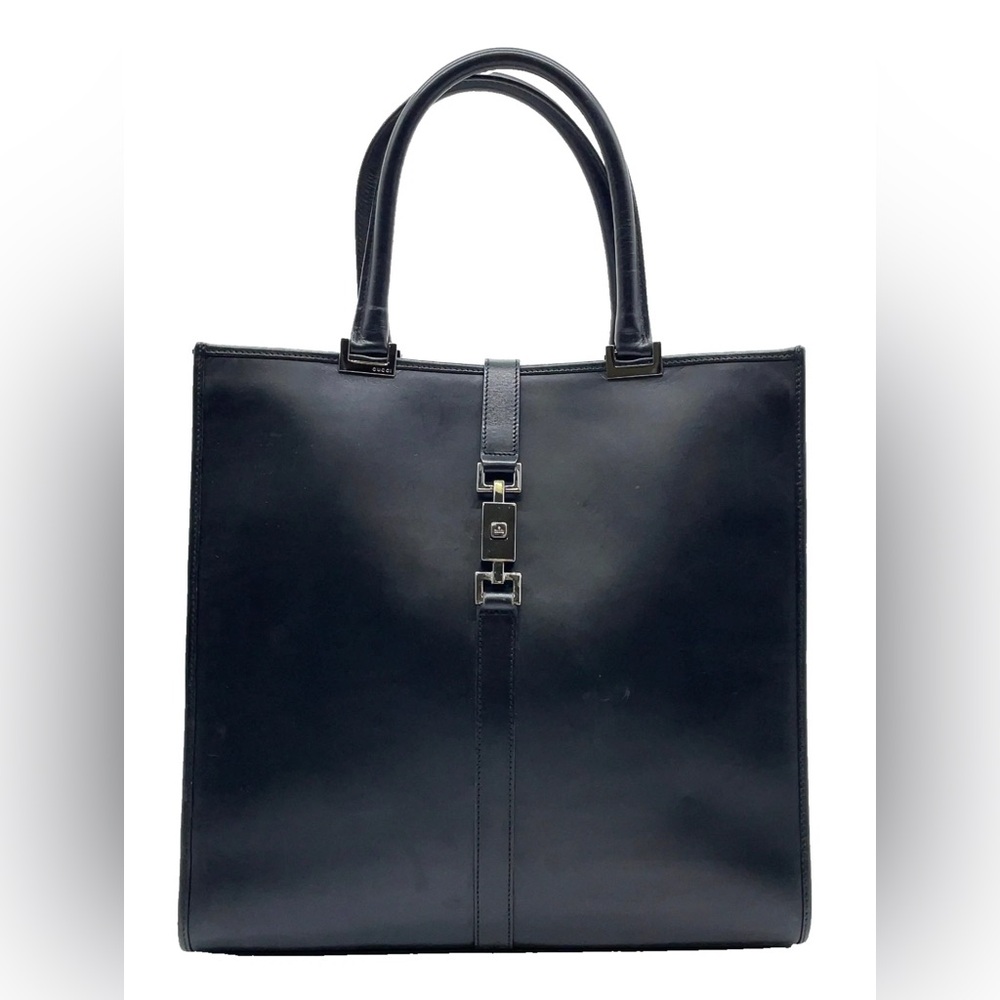 Gucci Jackie Tote Vintage Black Leather With Silver Tone Push Lock and Accents